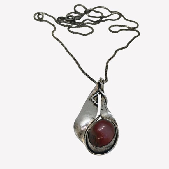 Vtg Art Nouveau Deco Carnelian Sterling Silver Pendant Necklace 18" Chain - Picture 5 of 13